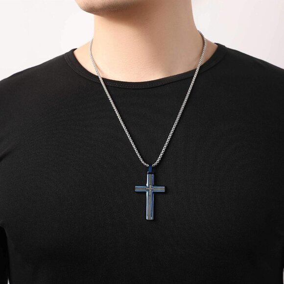 Men's Two-Tone Black & Blue Stainless Steel Carbon Fiber Cross Necklace - Picture 4 of 6